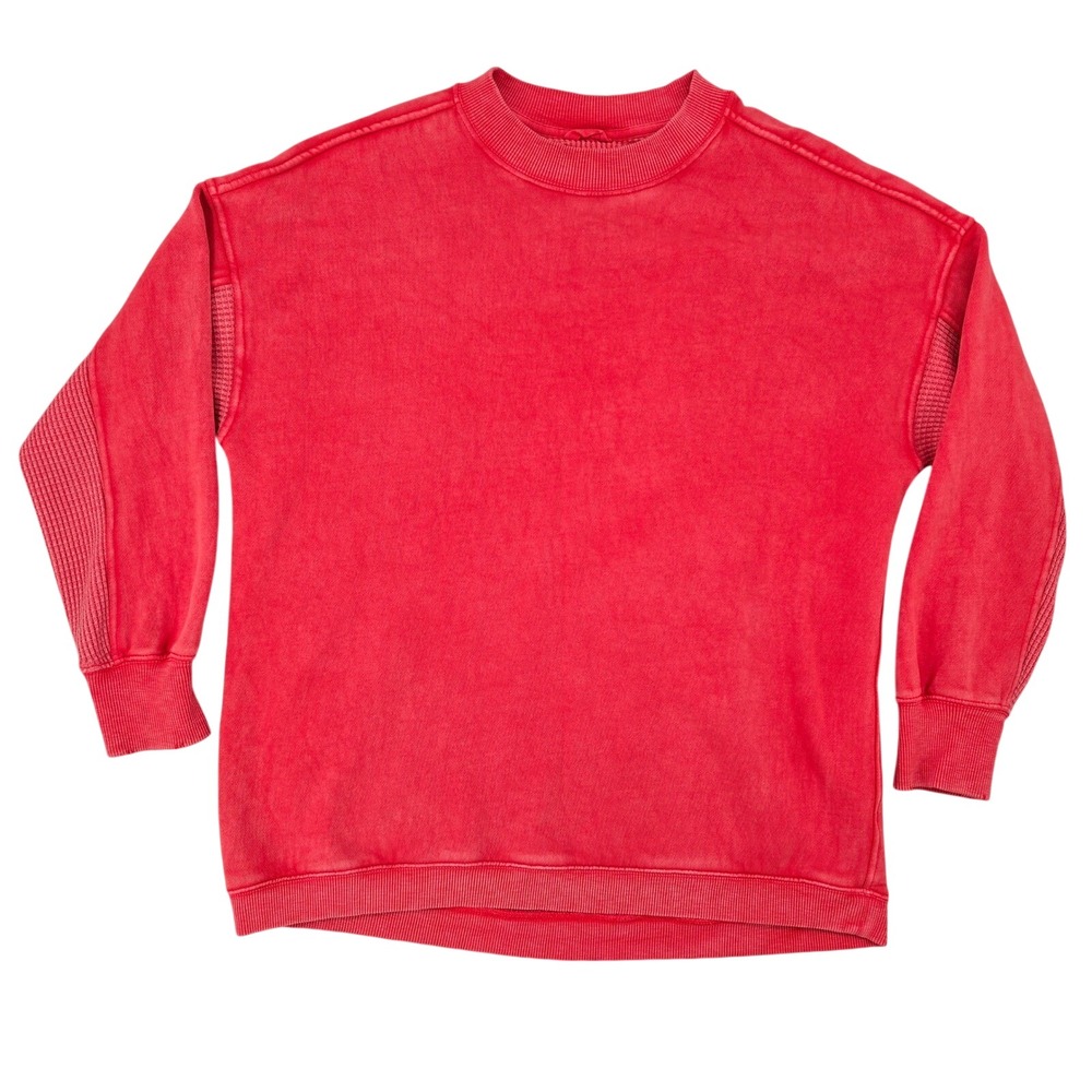 Aerie XS Red Crewneck Sweatshirt Womens Acid Wash Ribbed Oversized Pullover